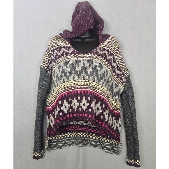 Free People Silk Blend Fair Isle Hoodie Chunky Knit Sweater Sz L Grunge - Picture 1 of 7